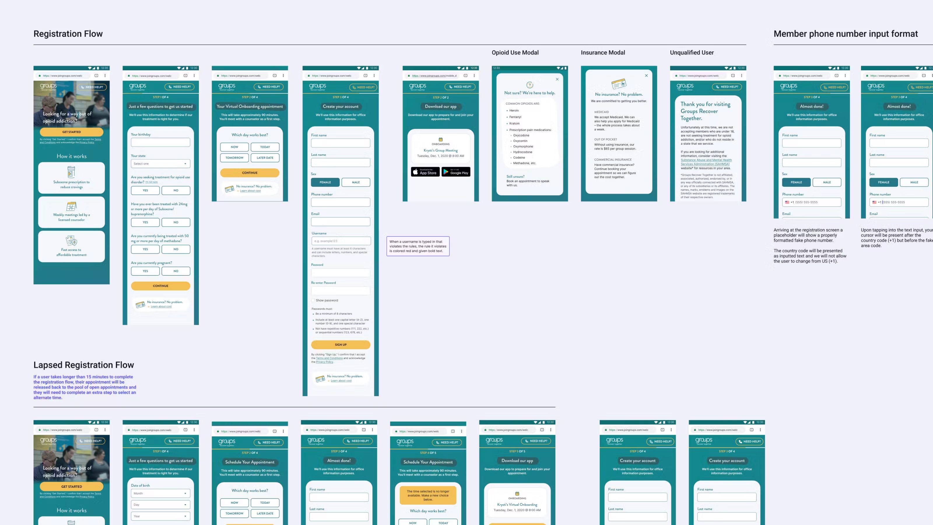 Figma design spec sheet showing annotated Registration Flow and Lapsed Registration Flow mobile screens