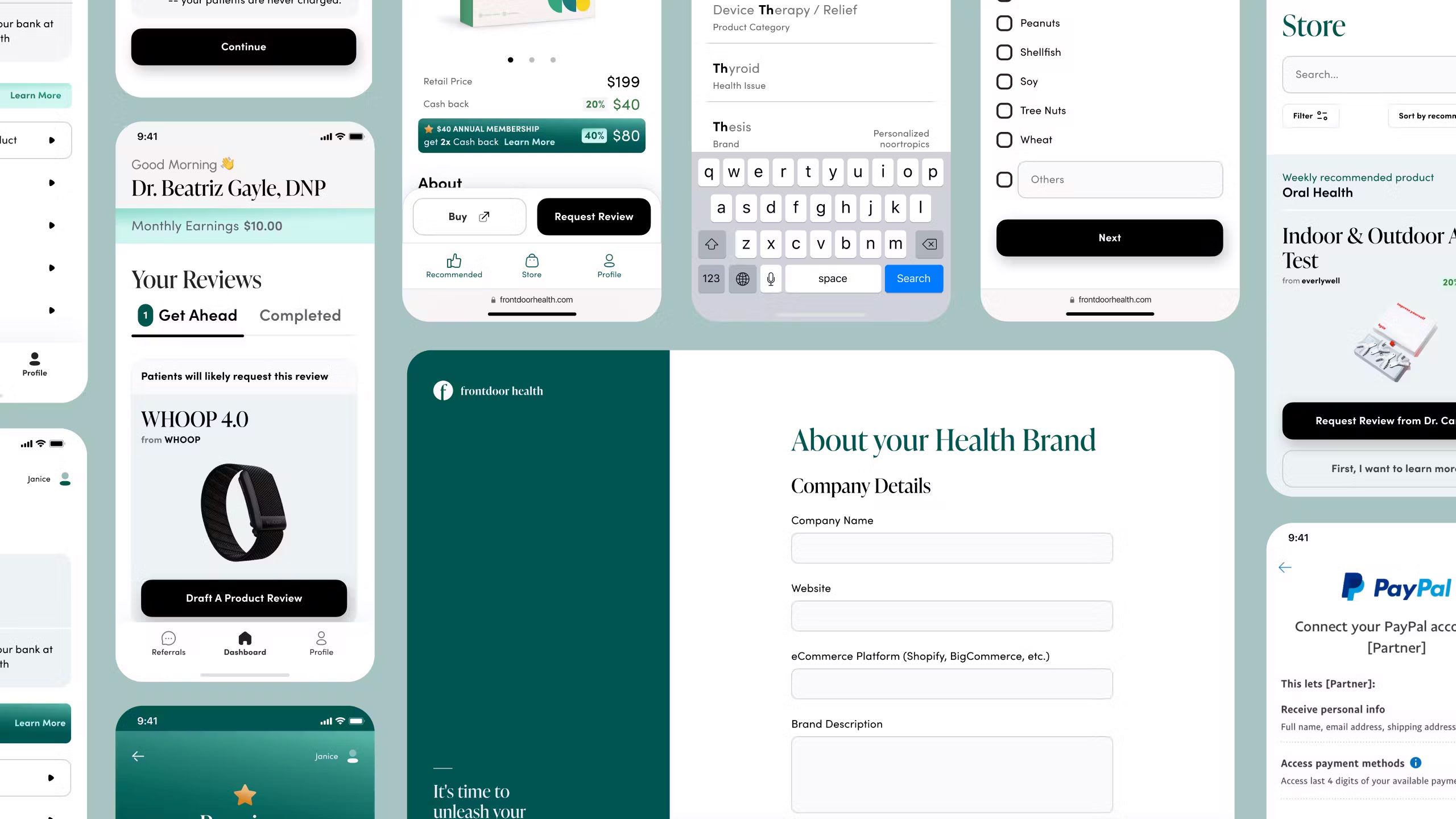 Collage of Figma prototype screens: doctor dashboard with earnings and reviews, product detail pages, health issue search, brand onboarding form, and PayPal connect screen