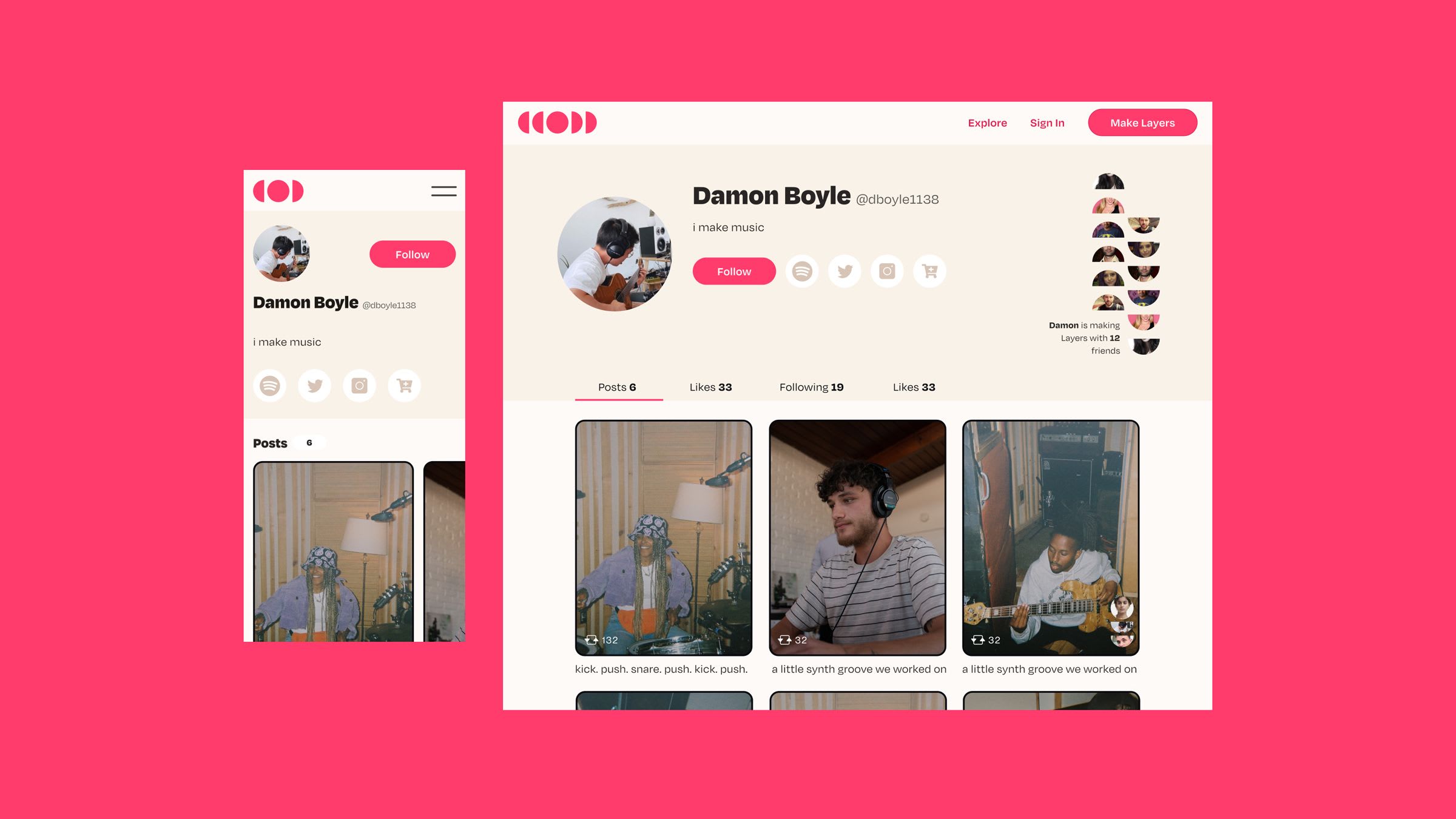 Damon Boyle user profile page on mobile and desktop showing posts grid, social links, and follow button