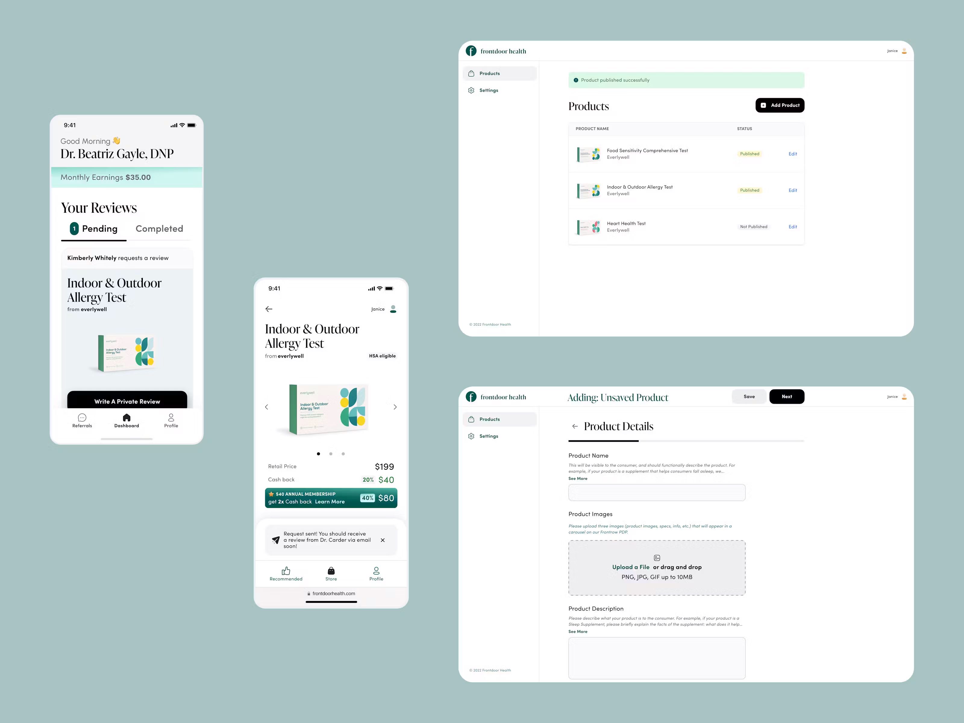 Doctor app pending review screen, consumer product detail for Indoor and Outdoor Allergy Test, brand products dashboard with published items, and add-product form