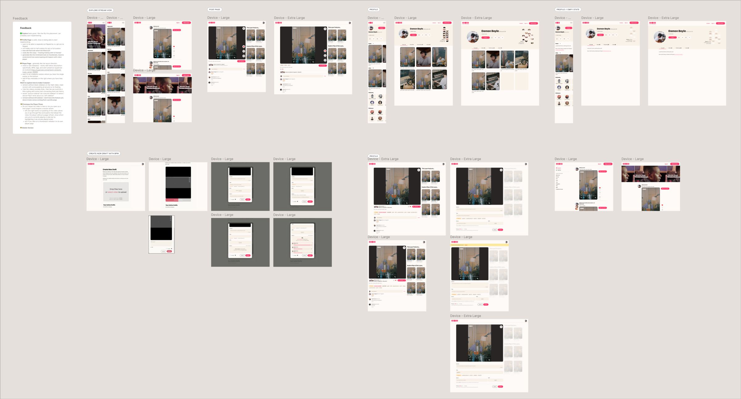 Figma design file overview showing explore, post, and profile page frames across mobile and desktop breakpoints
