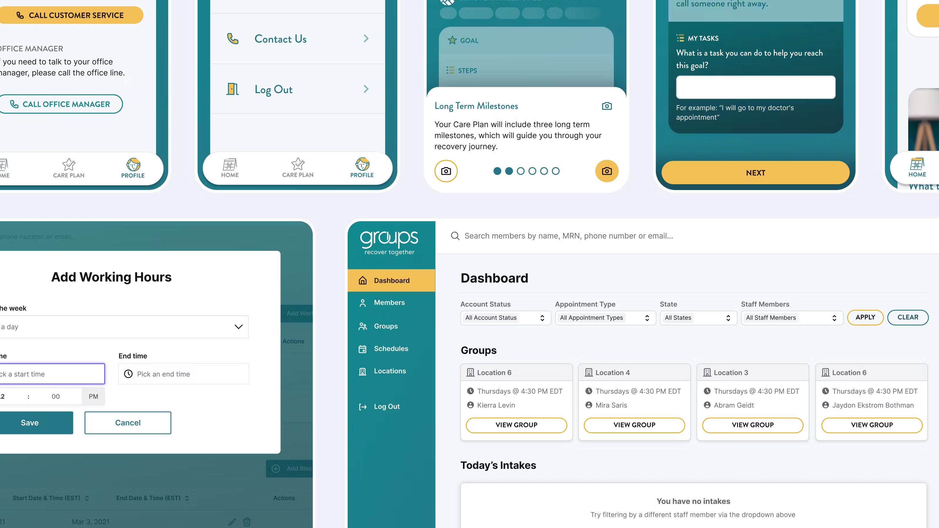 Collage of mobile member app screens and the web admin dashboard with group schedule and intake views