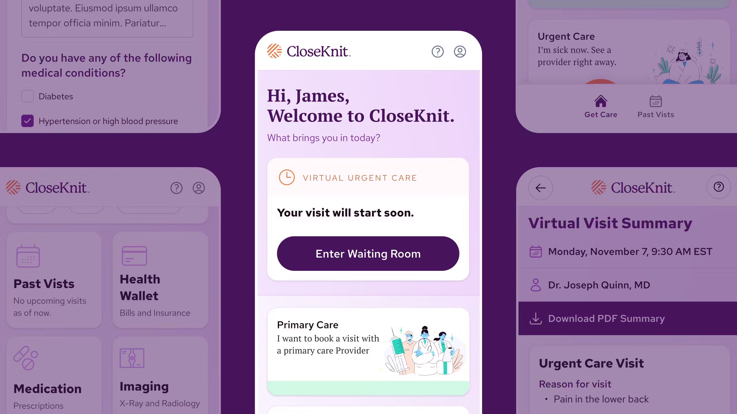 Collage of CloseKnit mobile app screens: home dashboard, urgent care waiting room, and virtual visit summary