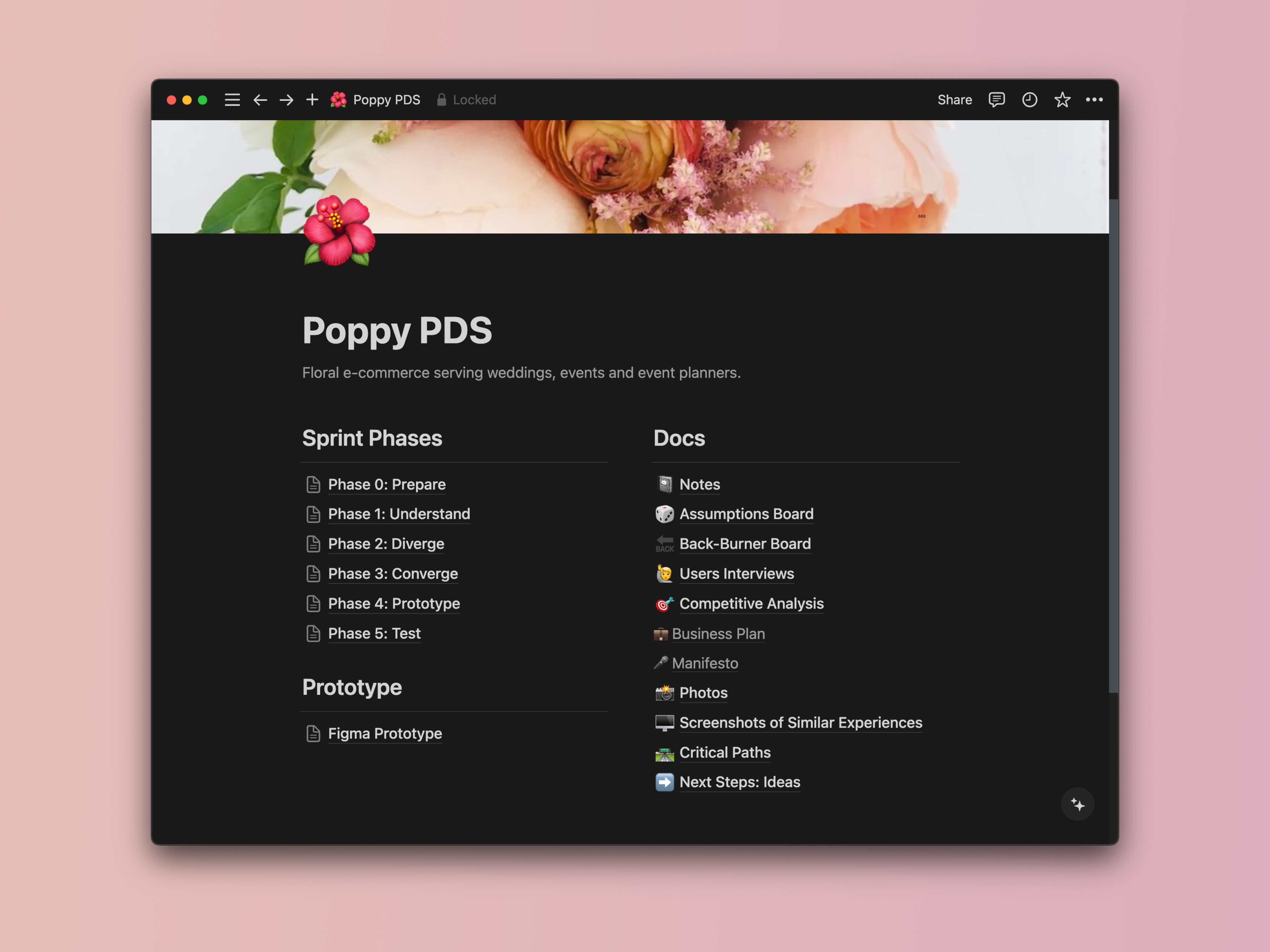 Notion workspace ‘Poppy PDS’ listing sprint phases, prototype link, and research docs