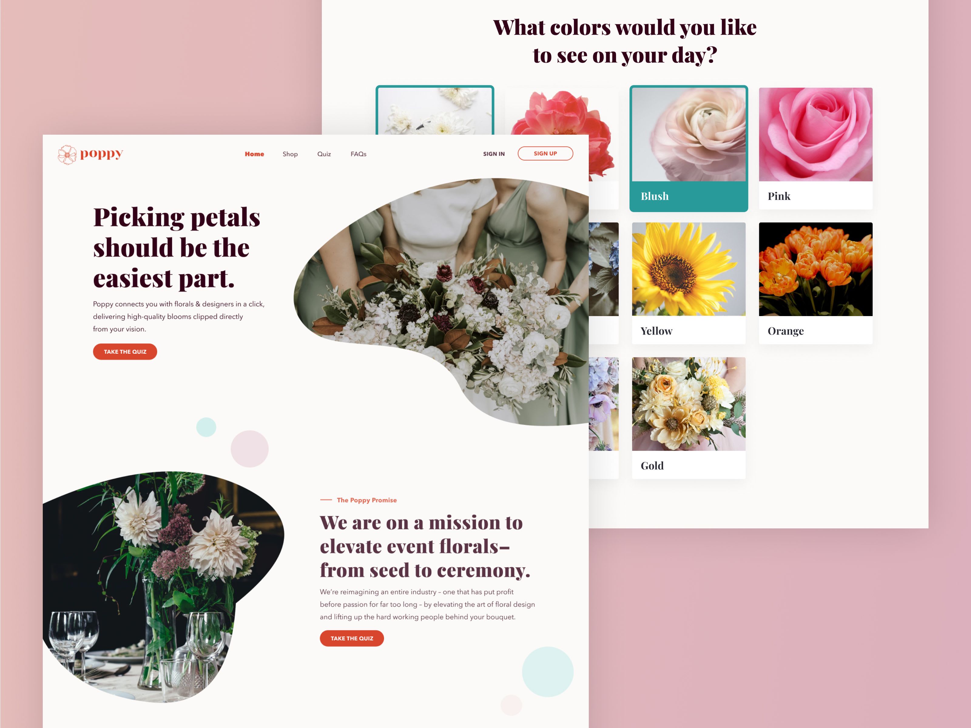 Poppy Flowers prototype: homepage hero overlapping a flower color selection screen