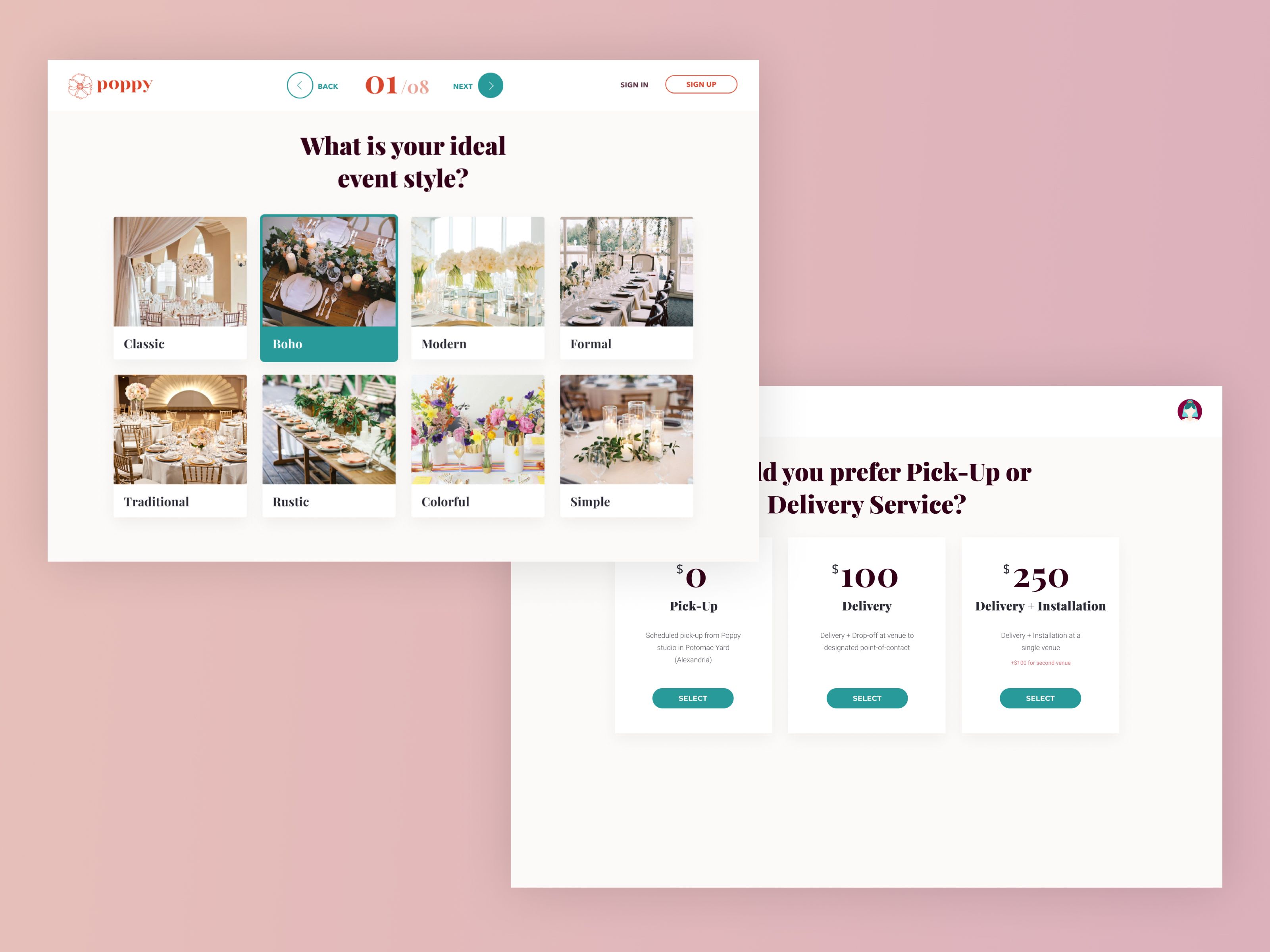 Poppy Flowers prototype: event style quiz overlapping a pick-up vs delivery pricing screen