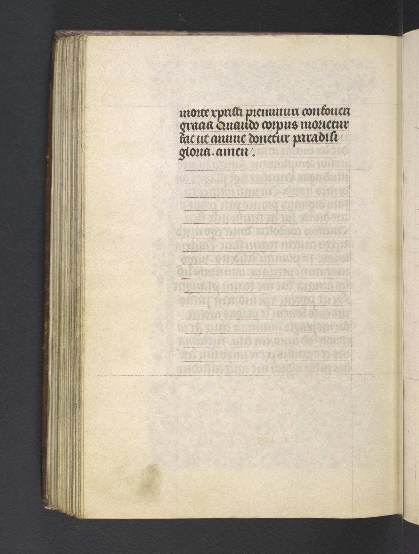 An open parchment leaf with four lines of dark writing near the top of a narrow text block. Fine red ruling continues down the unwritten portion. Faint writing from the reverse shows through the parchment.