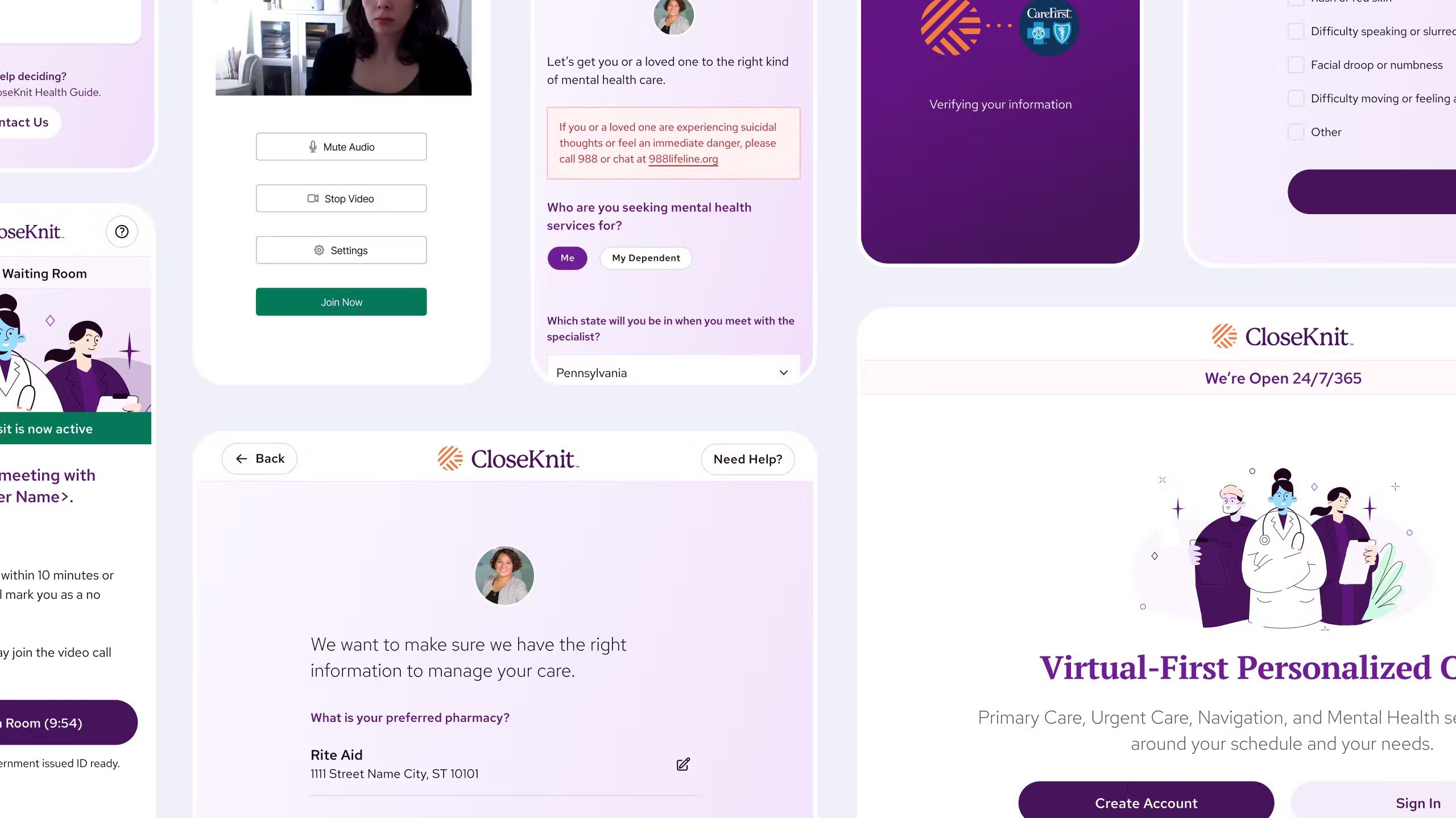 Collage of CloseKnit web and mobile screens showing video consultation, mental health intake form, and landing page