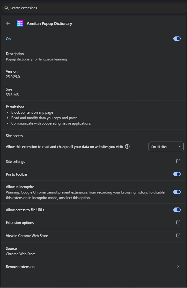 Extensions Settings