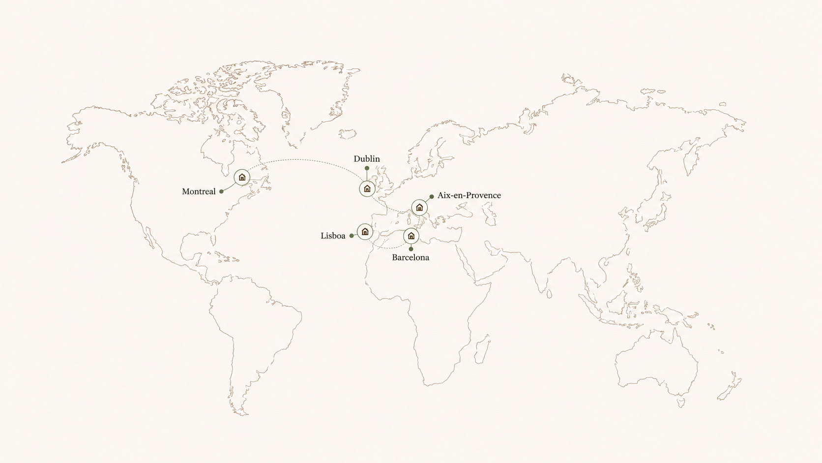 Map of places lived by Carlota and Nicolas: Montreal, Dublin, Aix-en-Provence, Lisbon and Barcelona