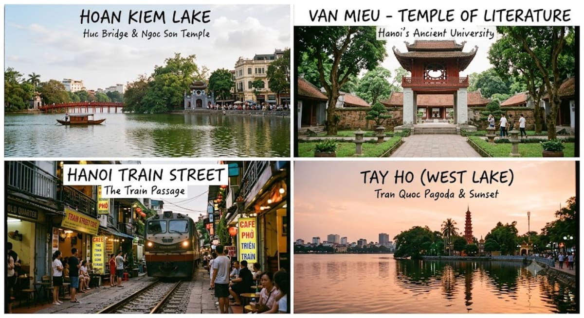 Hanoi in 3 days - collage of Hoan Kiem Lake, Van Mieu, Train Street, and West Lake