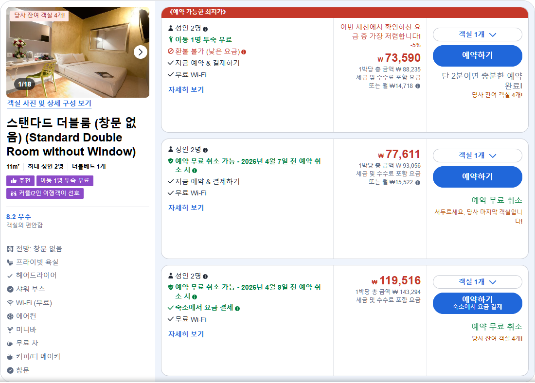 스탠다드 더블룸 (창문 없음) (Standard Double Room without Window)