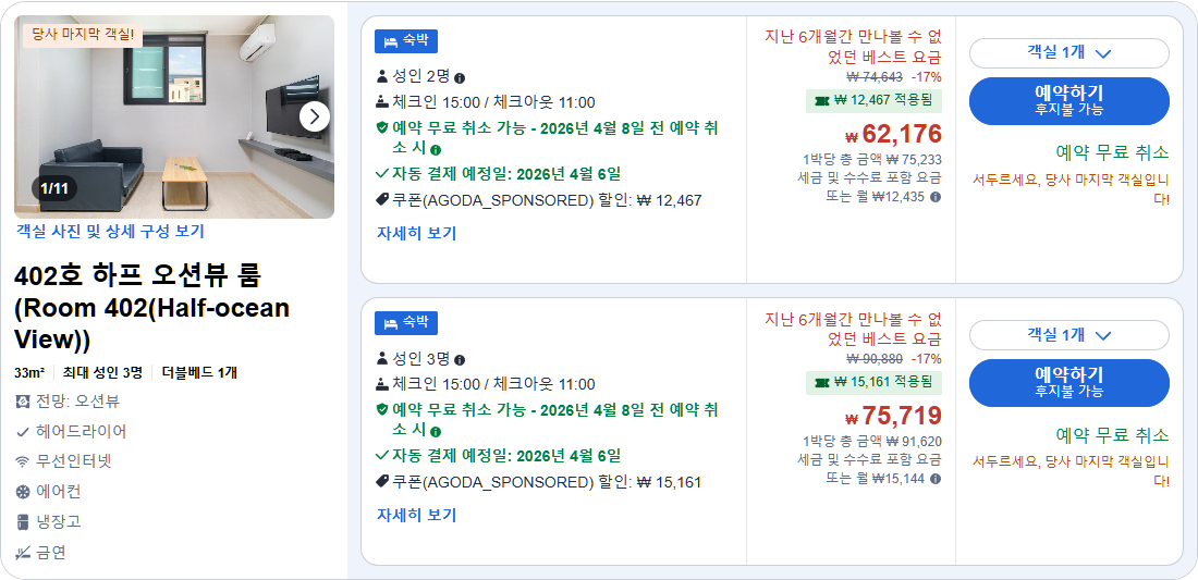 402호 하프 오션뷰 룸 (Room 402(Half-ocean View))