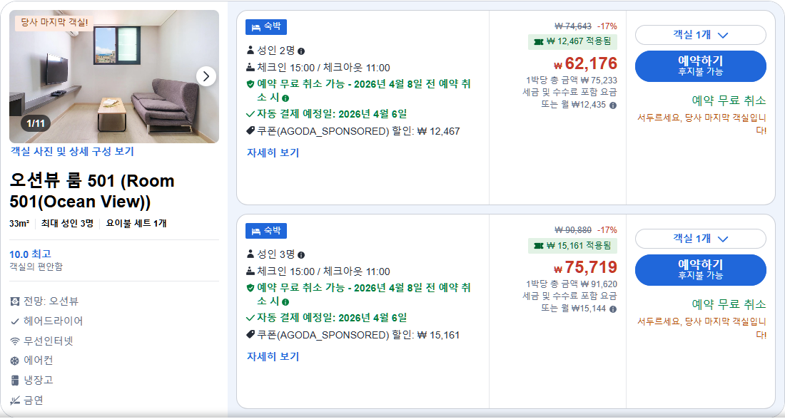 오션뷰 룸 501 (Room 501(Ocean View))