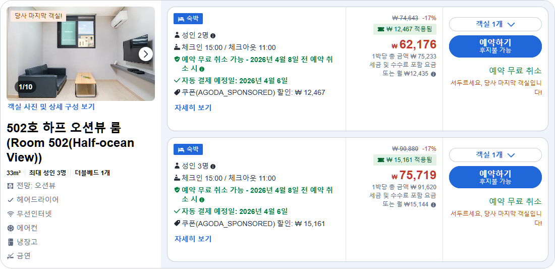 502호 하프 오션뷰 룸 (Room 502(Half-ocean View))