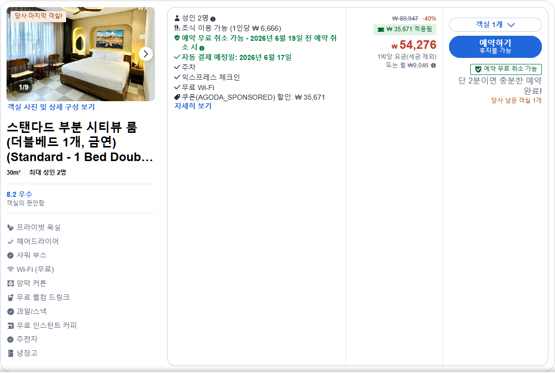 스탠다드 부분 시티뷰 룸 (더블베드 1개, 금연) (Standard - 1 Bed Double Partial City View, Non-Smoking)