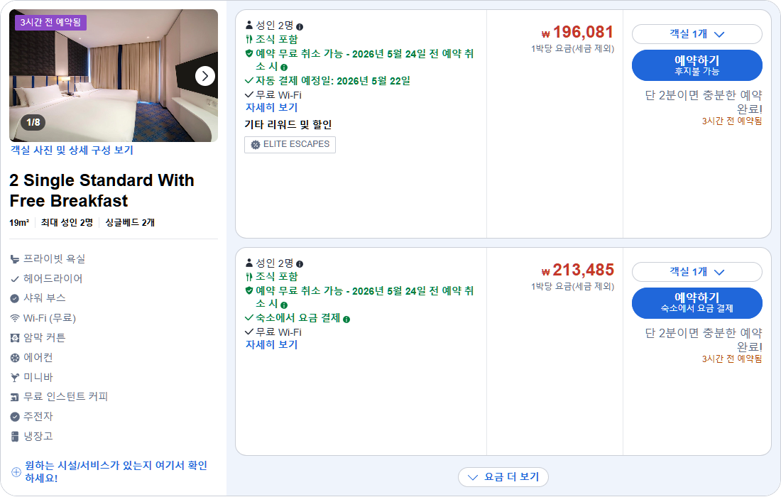 2 싱글 스탠다드 무료 조식 포함 (2 Single Standard With Free Breakfast)
