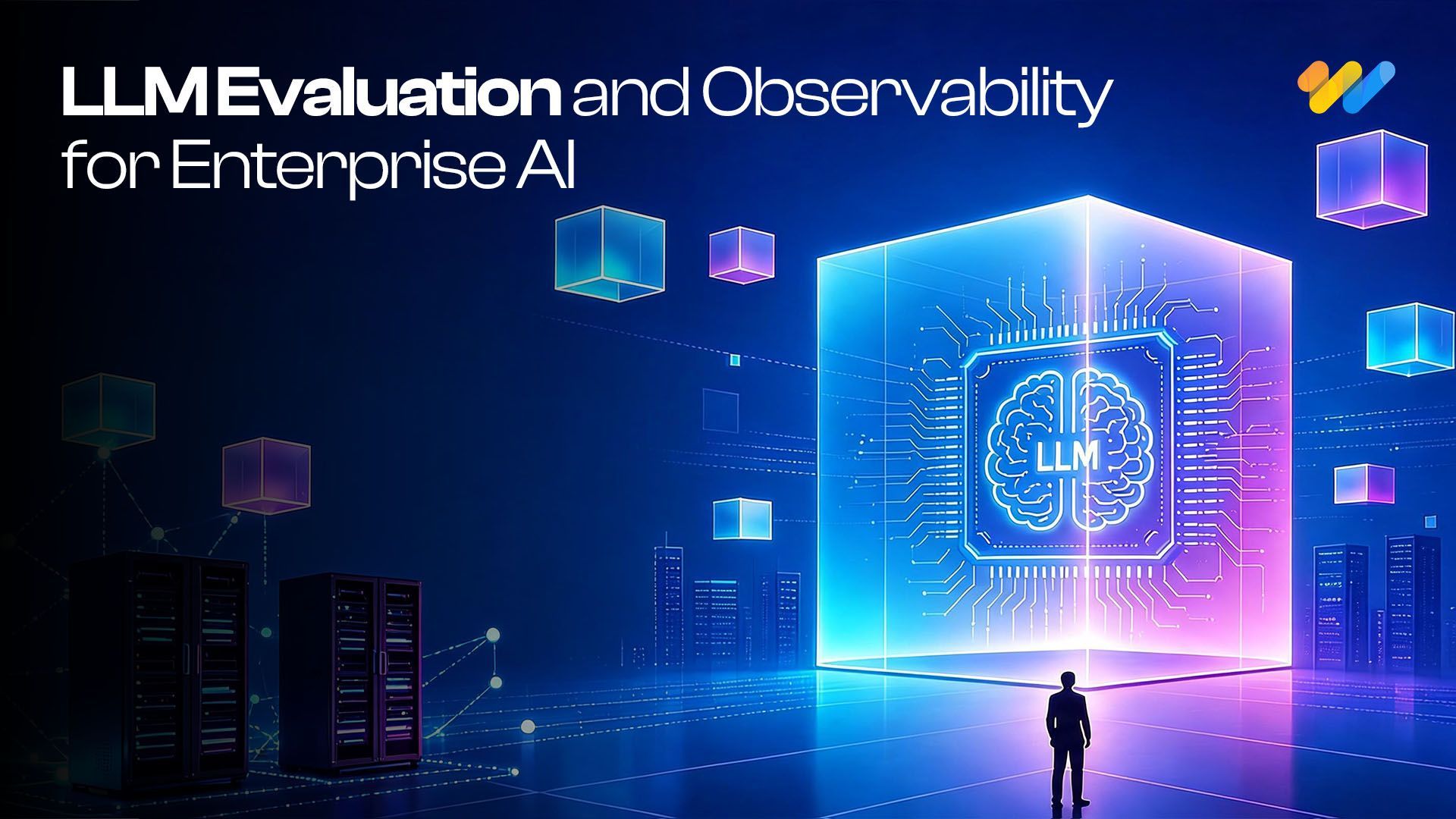 Illustration of enterprise AI observability showing LLM evaluation metrics, prompt monitoring, latency, hallucination detection, and model performance dashboards.