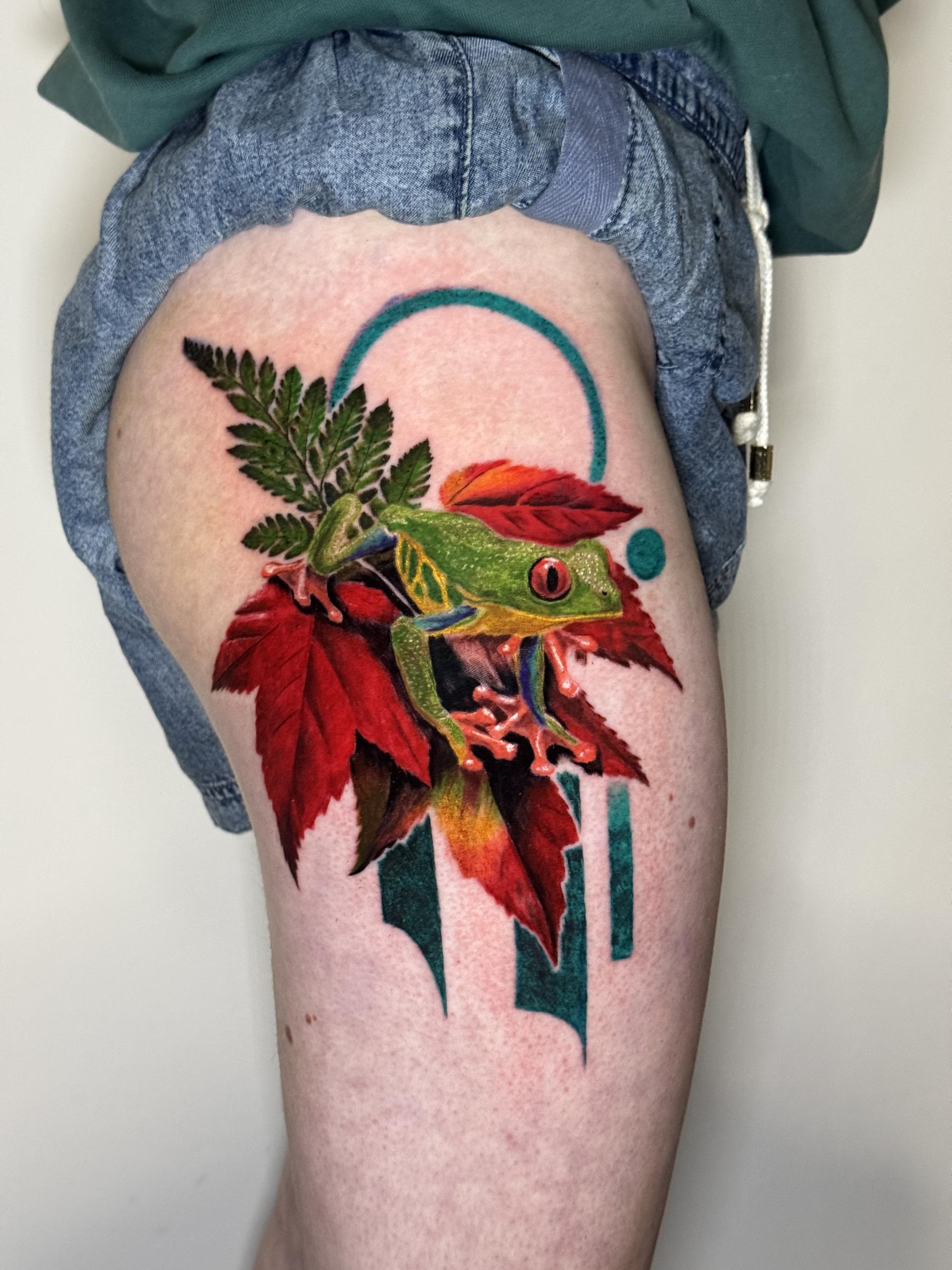 Colour realistic tree frog on leaves