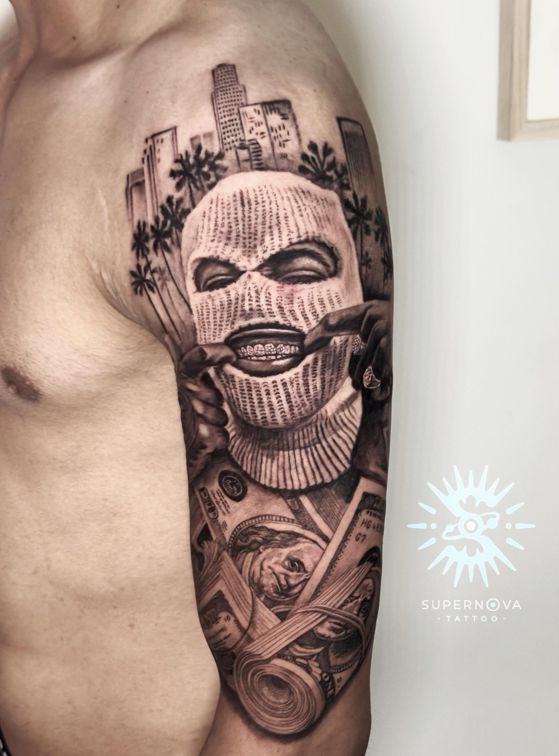 Ski-mask figure with money and cityscape