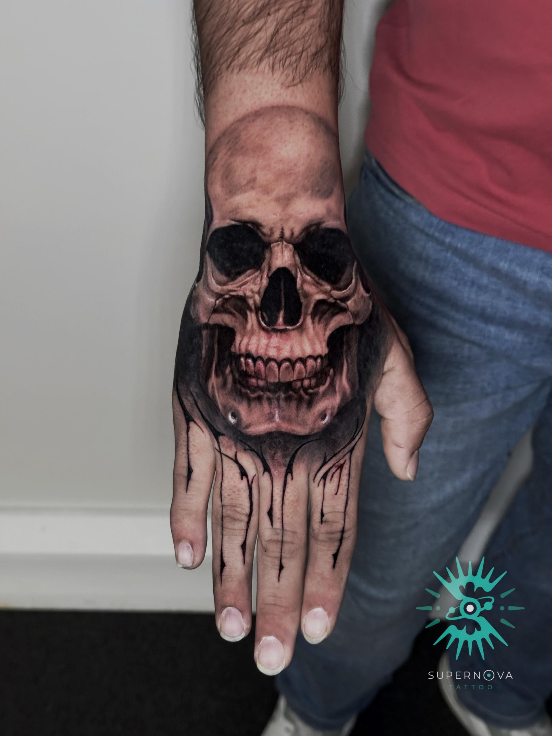 Hyper-realistic skull on hand
