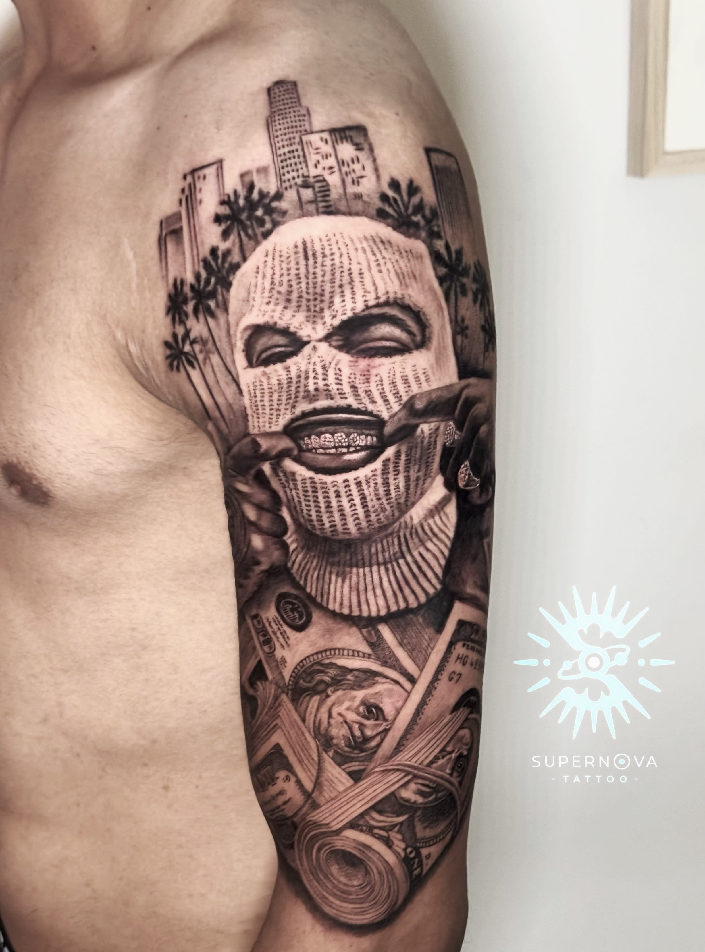 Ski-mask figure with money and cityscape