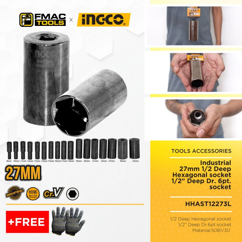 Deep Socket Exsagonal INGCO 27mm 1/2 Deep Hexagonal socket 1/2
