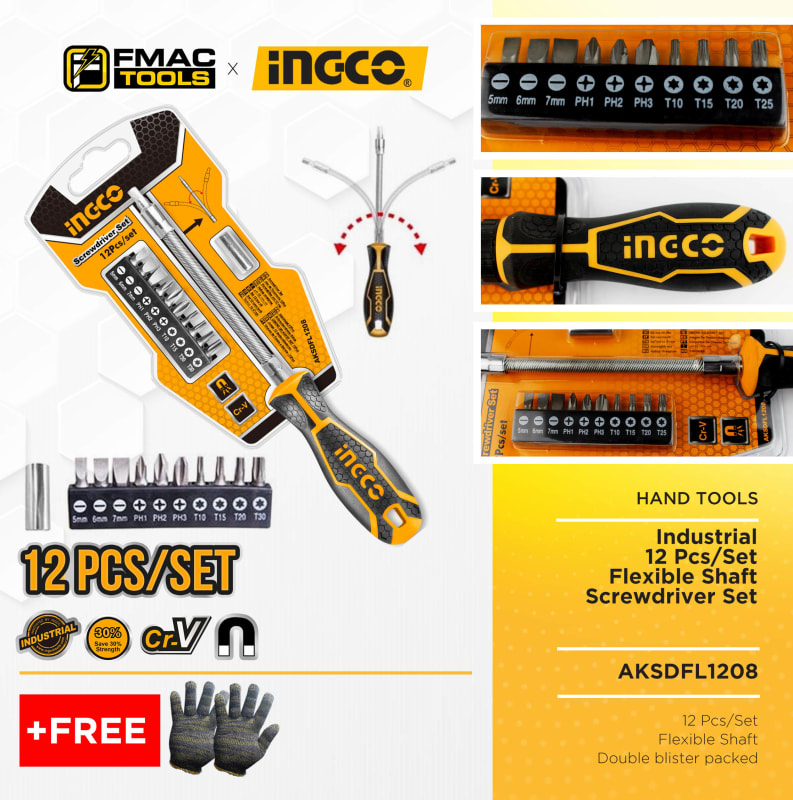 Ingco Screwdriver Racking INGCO 12PCS FLEXIBLE SHAFT SCREWDRIVER SET | Screwdrivers | GAC Tools