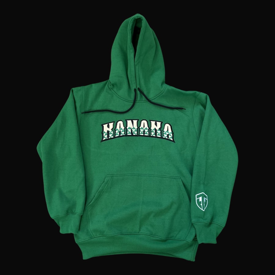Custom green hoodie with arched wordmark and embroidered sleeve crest