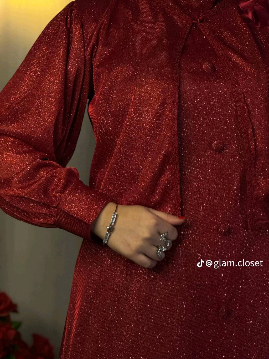 Womenโs Red Shimmer Long Dress with Matching Cropped Jacket โ 2 Piece Set