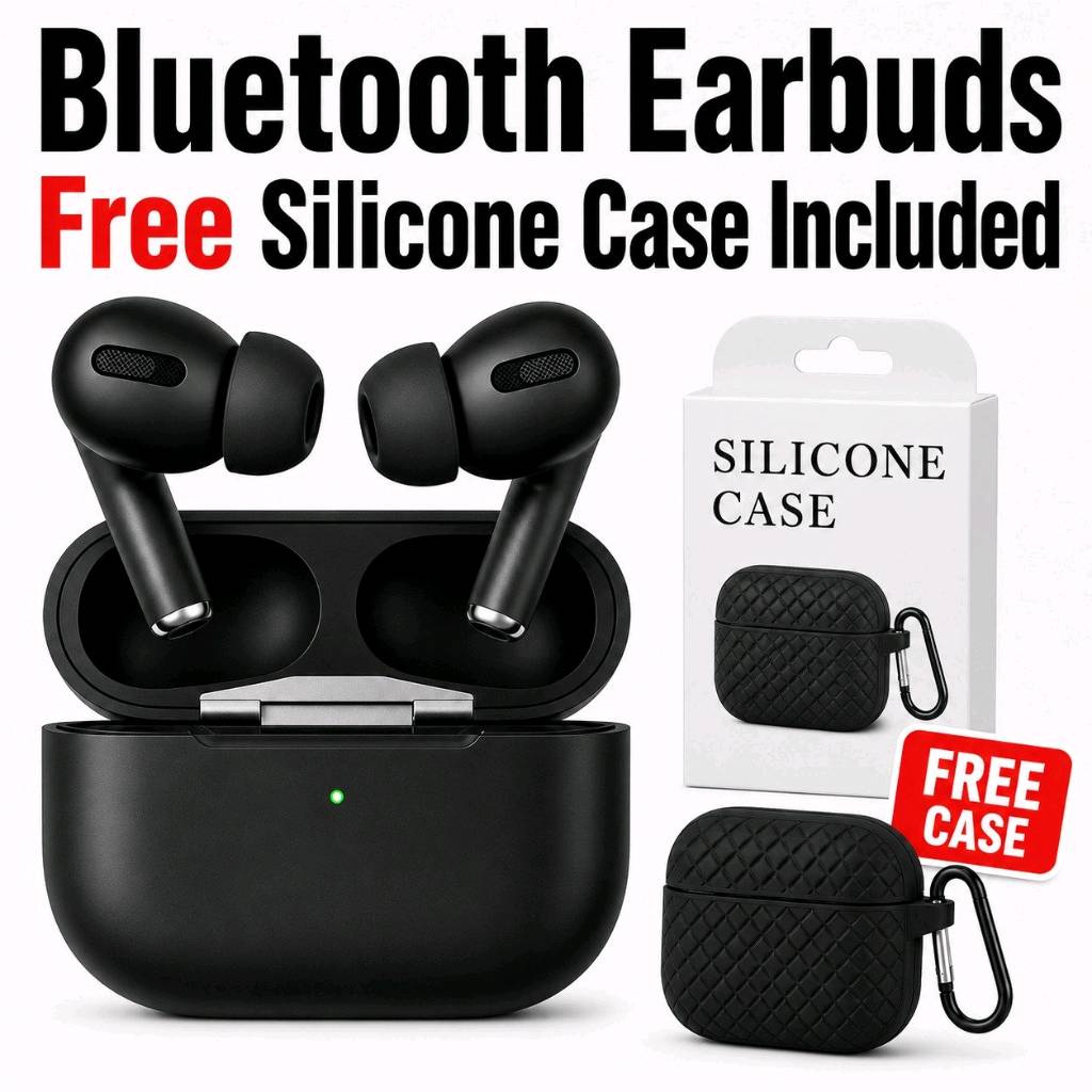 Bluetooth Earbuds | With Free Silicone Case Offer | Wireless Earbuds | Black Bluetooth Earphones | Touch Sensor | Built-in Mic | Charging Case | 10m Transmission | For All Bluetooth Devices