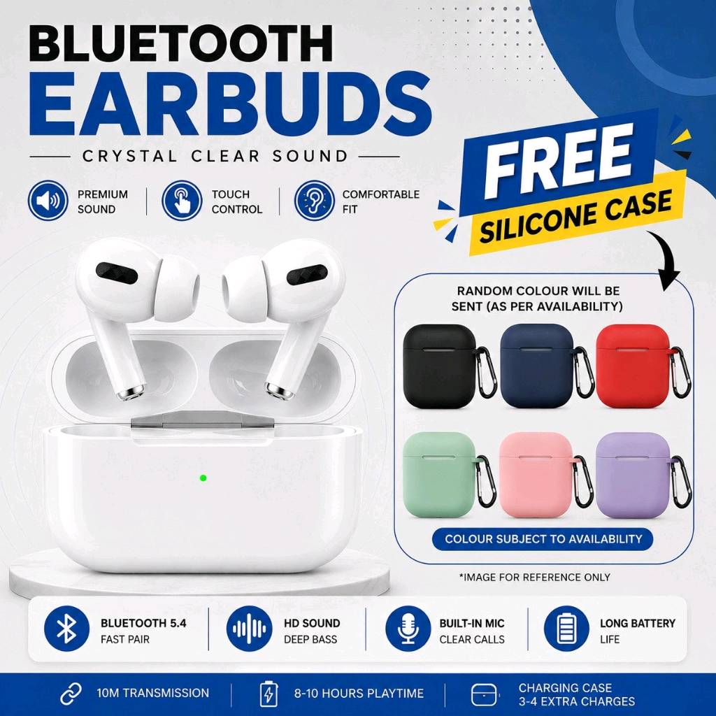 Wireless Earbuds White | Bluetooth Earphones | Touch Sensor | Built-in Mic | Charging Case | Clear Sound | 8-10 Hours Playtime | 10m Transmission | Free Silicone Protective Case