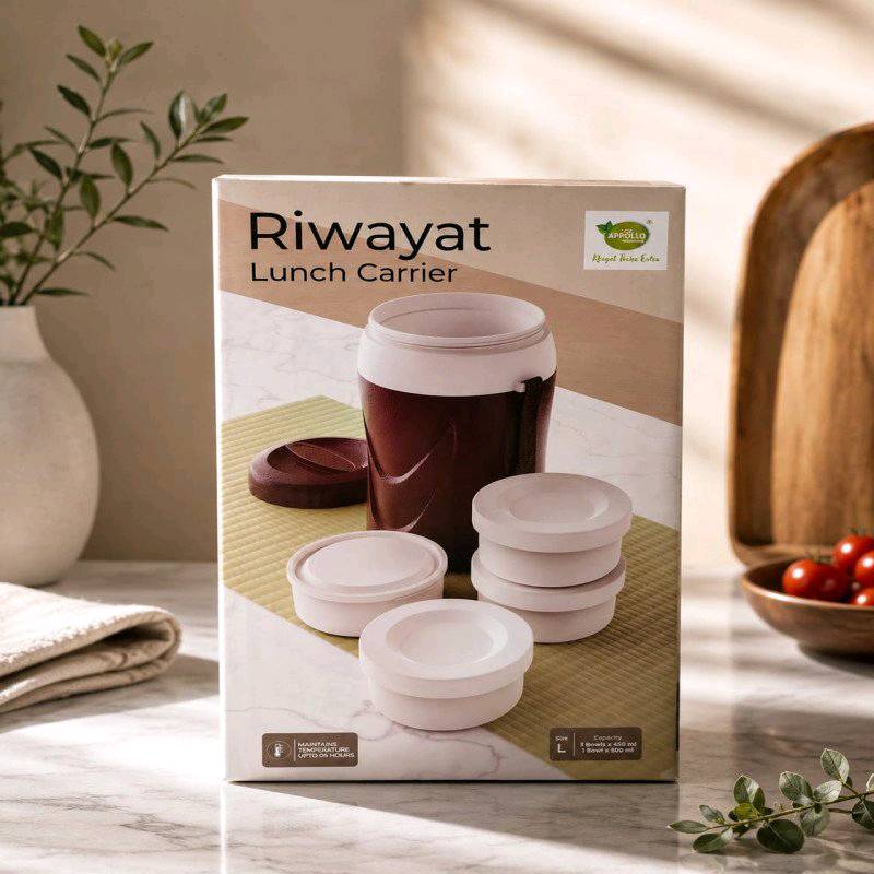 Appollo Riwayat Large Lunch Carrier Tiffin Box with 3 Steel Bowls & Salad Bowl Leak Proof Food Grade