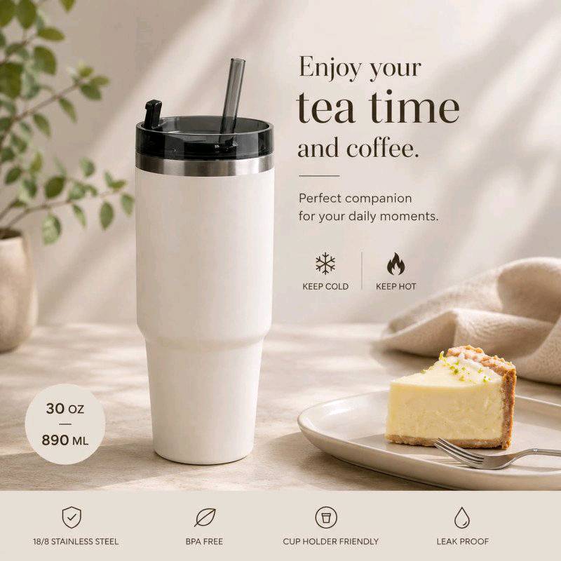 Stainless Steel Vacuum Insulated Travel Mug with Straw 30oz 890ml Reusable Tumbler Cup