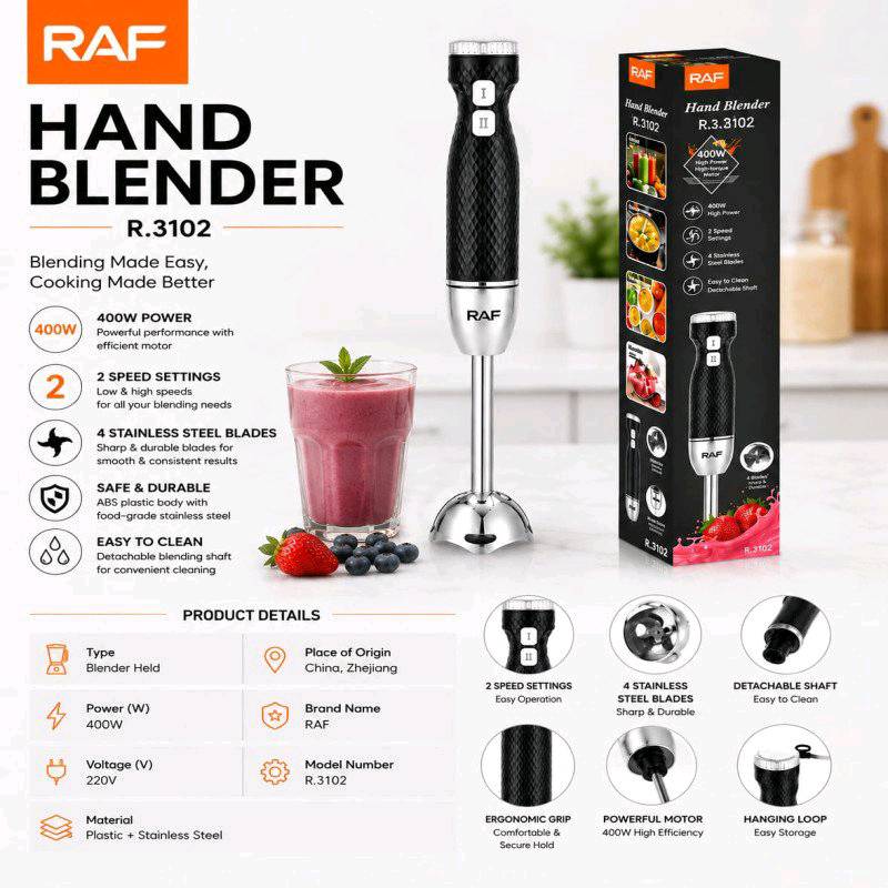 RAF R.3102 Hand Blender 400W 4-Blade Stainless Steel Immersion Blender for Kitchen