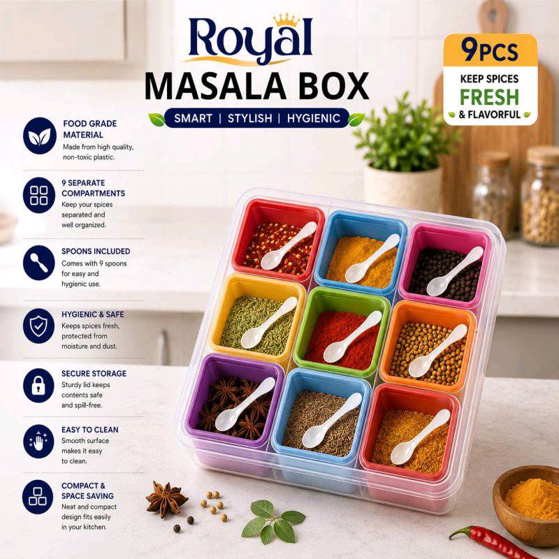 Plastic Royal Masala Box 9 Pcs Spice Storage Container Set Kitchen Masala Organizer with Compartments