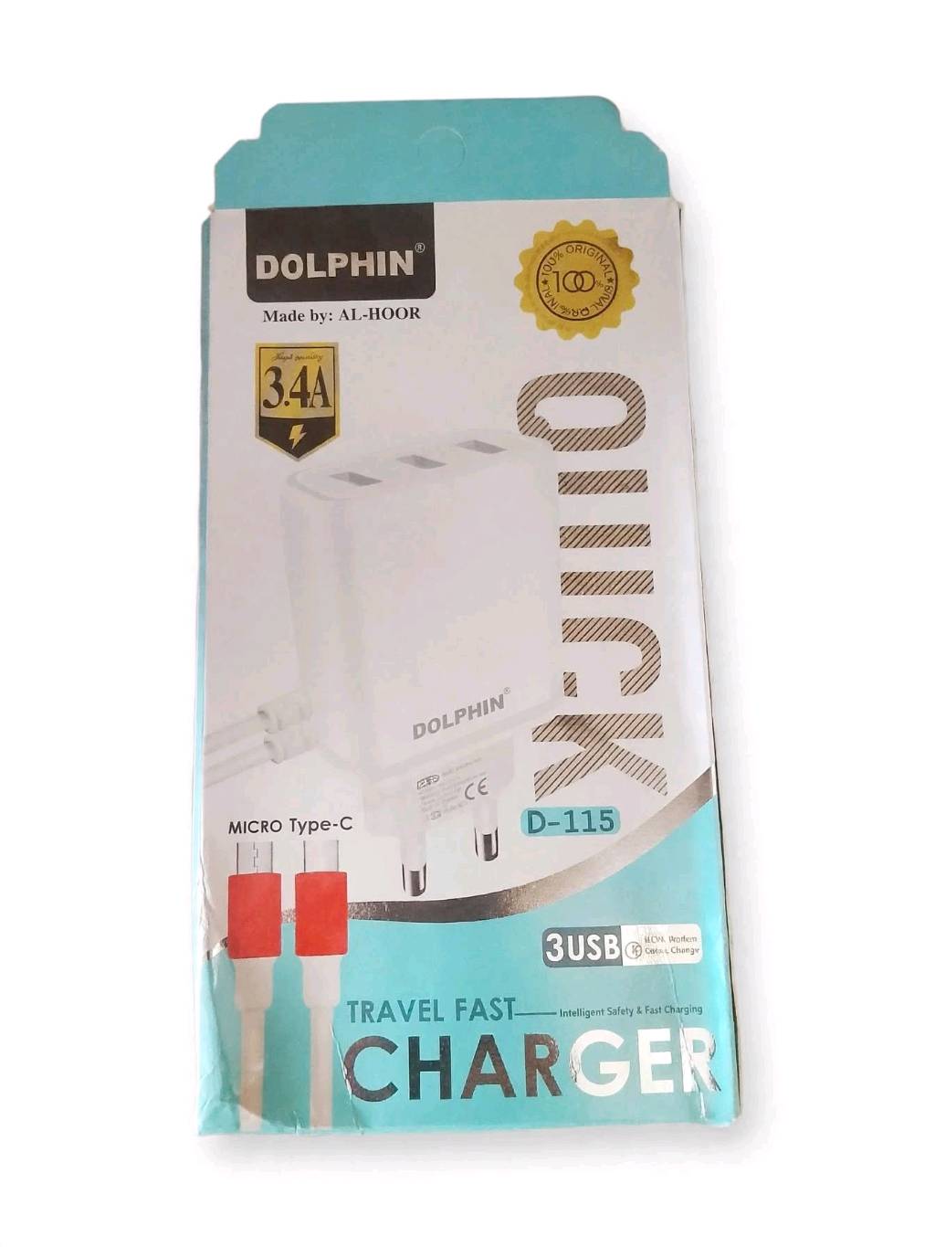 DOLPHIN D-115 3.4A Quick Fast Charger - 3 USB Port Travel Charger with Micro Type-C Cable - Made by AL-HOOR