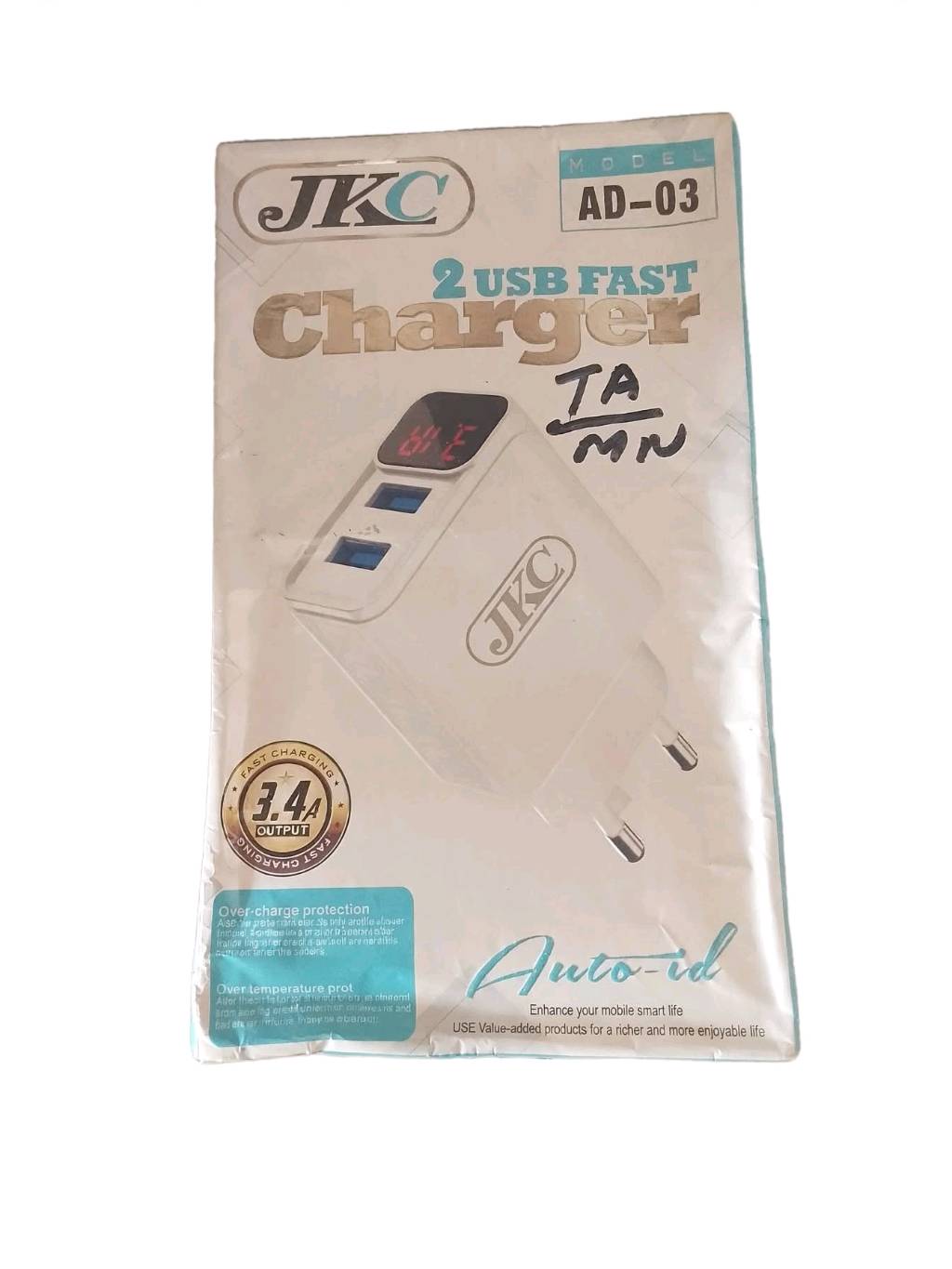 JKC AD-03 2 USB Fast Charger 3.4A Output with LED Digital Display - Auto-ID Dual Port Wall Adapter - Model AD-03
