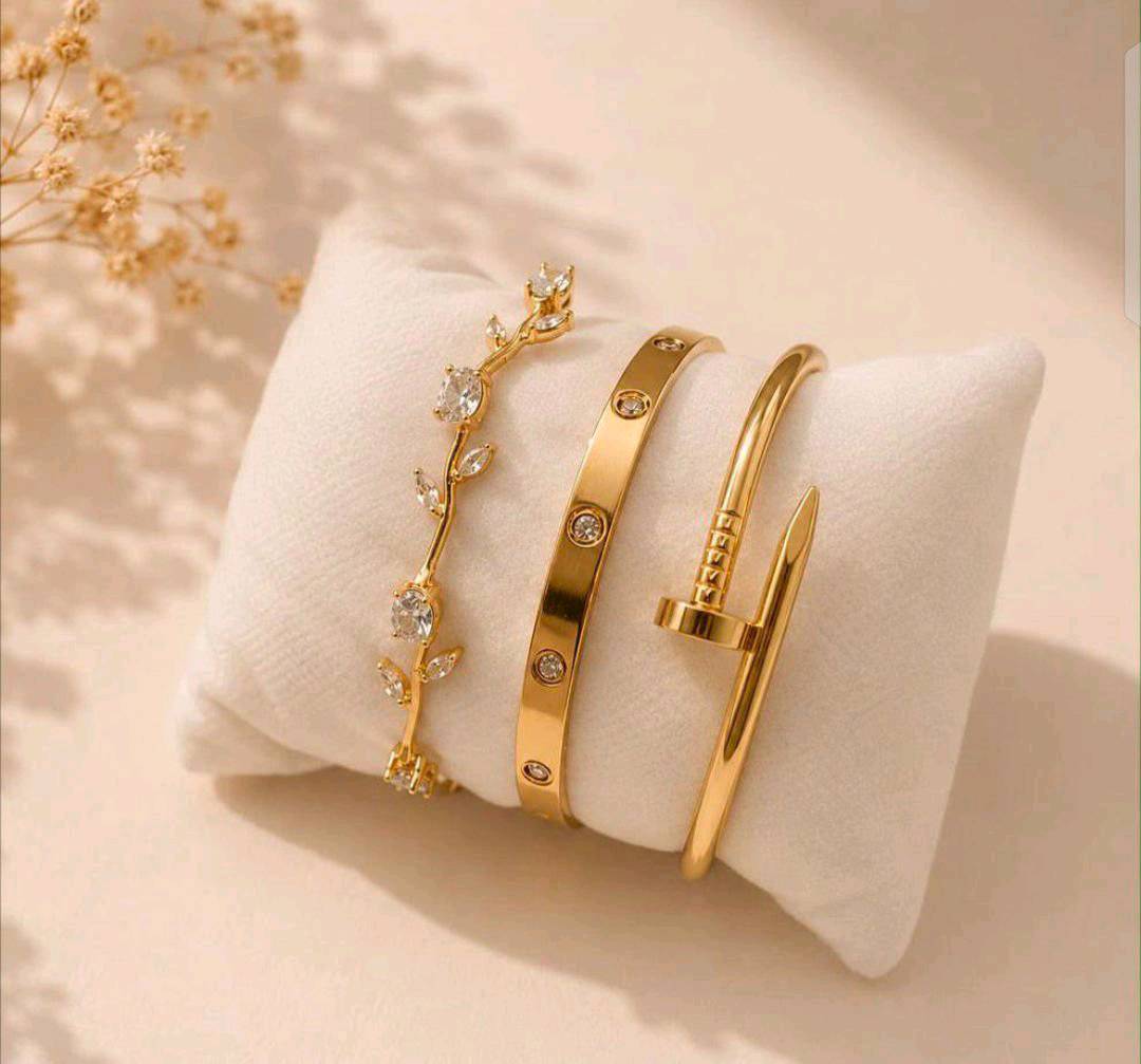 3-Piece Golden Cartier & Nail Style Bracelet Set