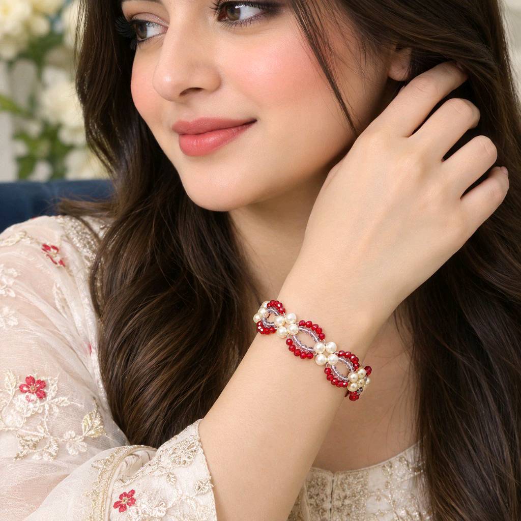 Women Pearl & Red Crystal Beaded Bracelet | Elegant Handmade Fashion Jewelry