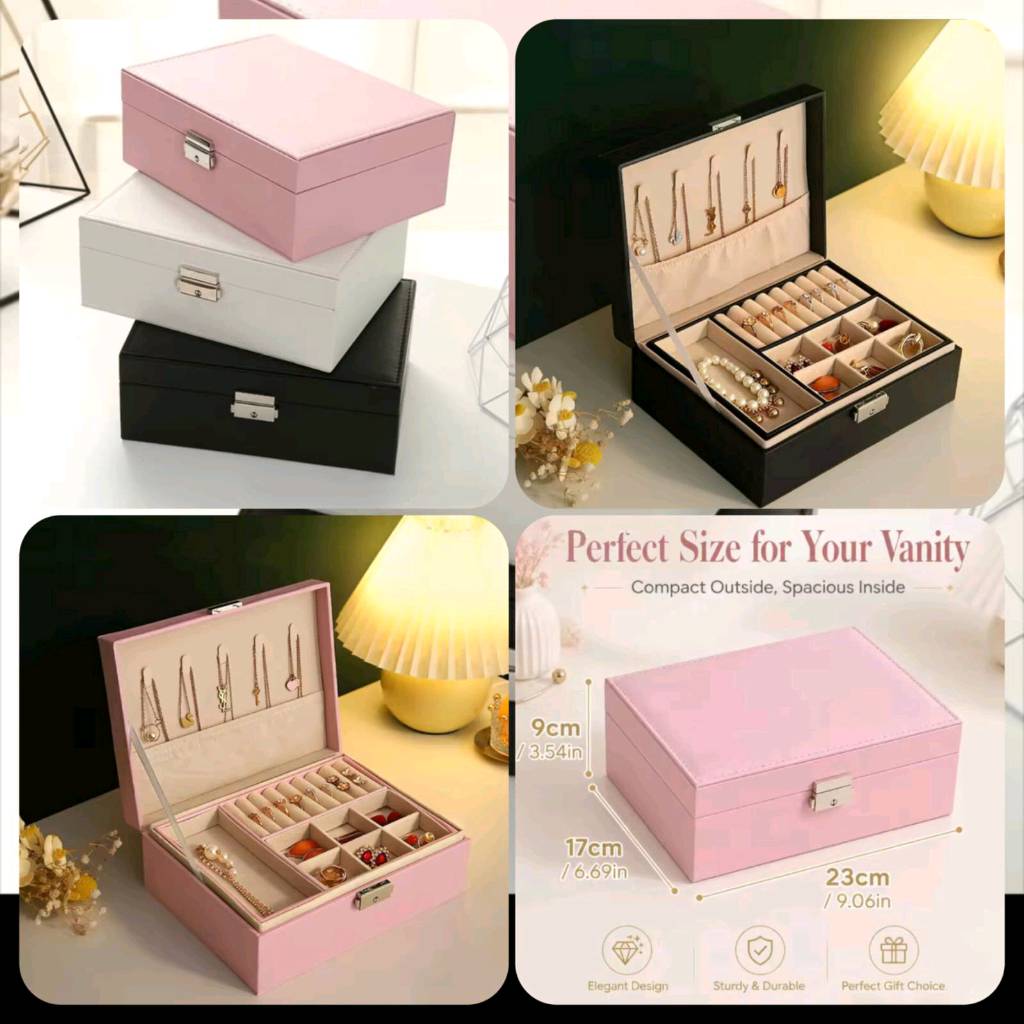 Jewelry Box, Jewelry Boxes for Women & Men with PU Leather, 2 Layer Large Jewelry Organizer Storage Case with Lock, for Necklace Bracelets Earrings Rings, Jewelry Organizer Box Ideal Gift, Black