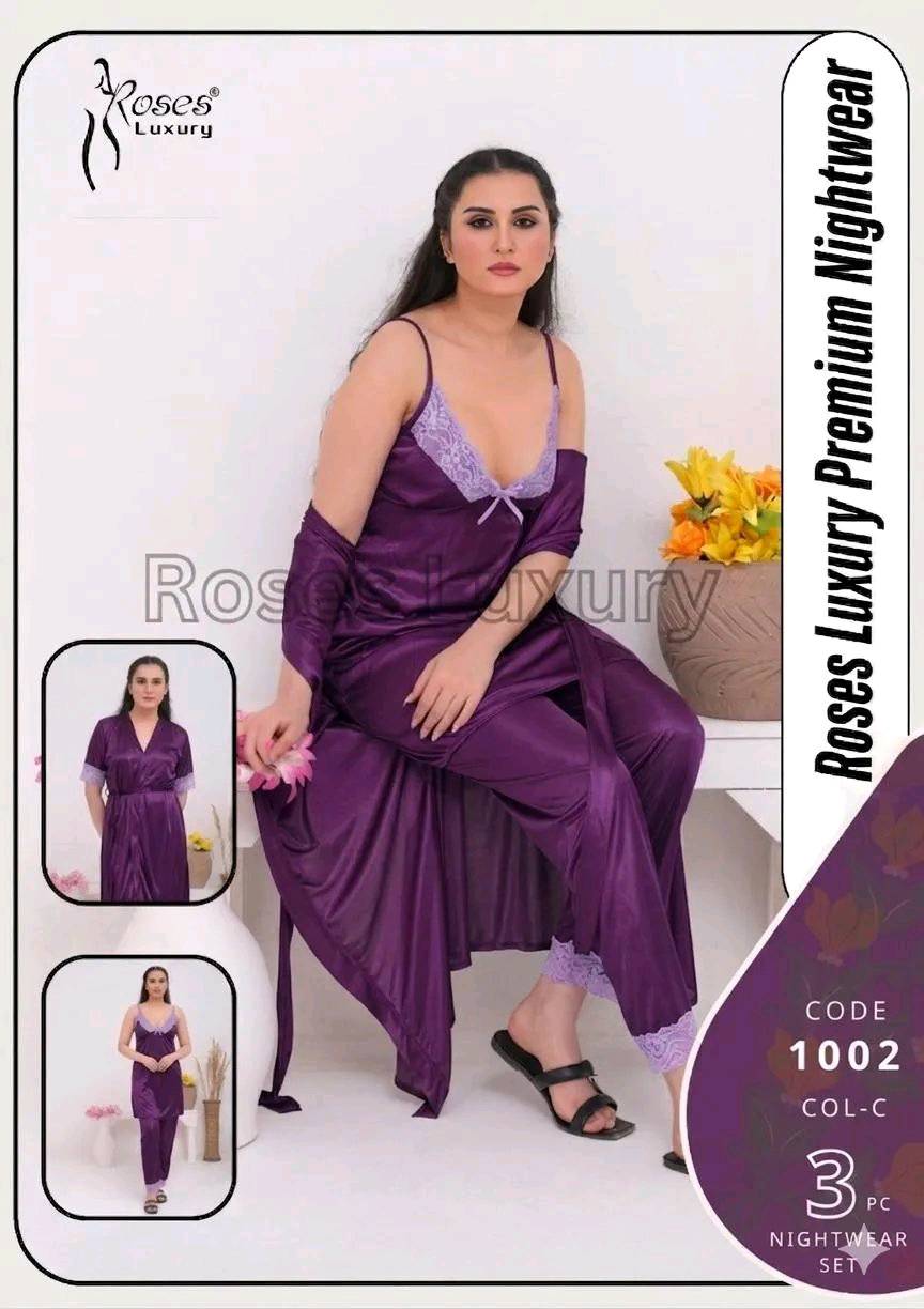 Purple Silk Nightwear Set 3 Pcs V-Neck
