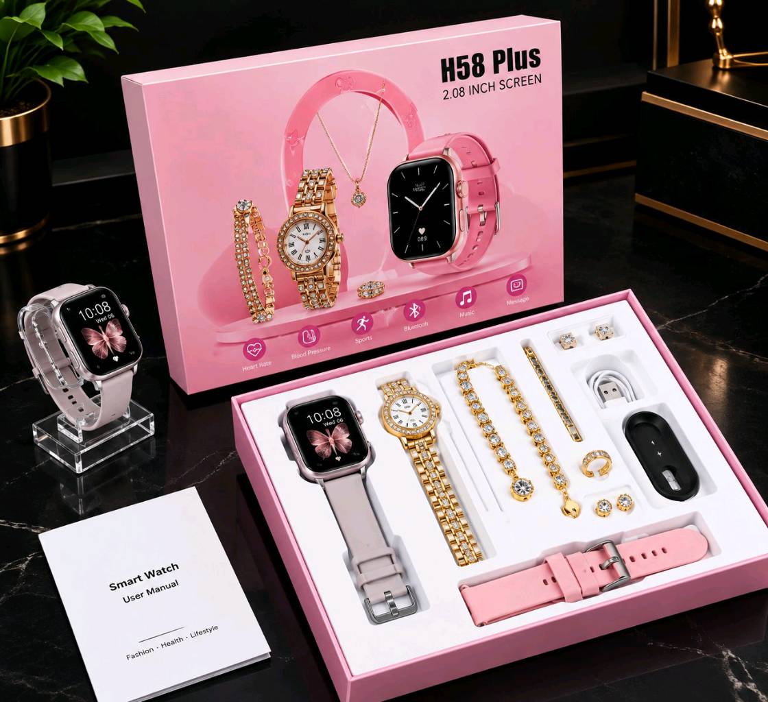 A58 Smart Watch for Women with Luxury Jewelry Set | Stylish Smartwatch Gift Set | Fitness Watch for Girls | Elegant Wrist Watch