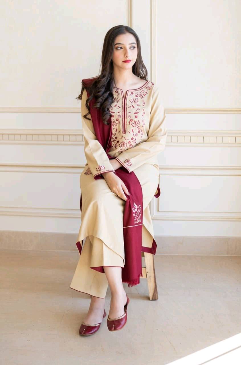 Embroidered Dhanak 3Pc Suit with Shawl | Beige & Maroon Winter Unstitched