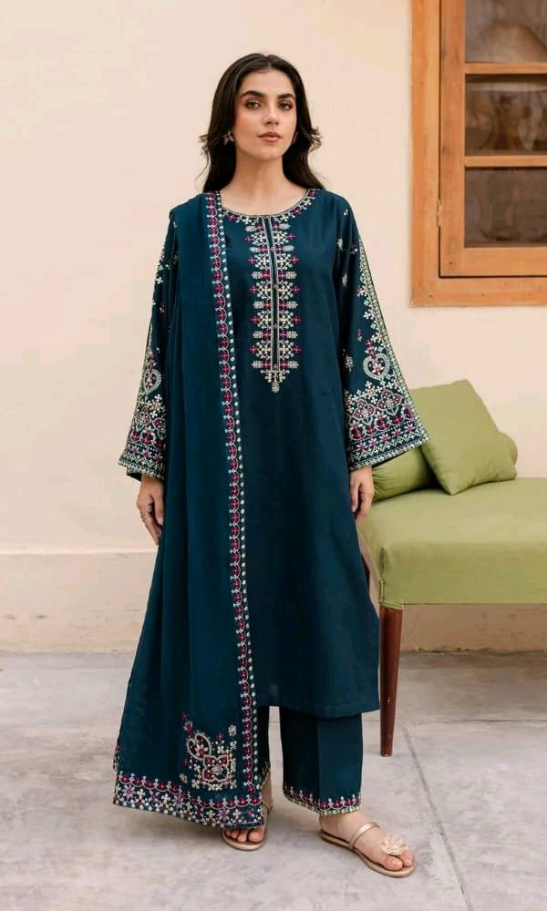 Winter Embroidered Dhanak 3Pc Suit With Shawl | Neckline Patch Unstitched Suit