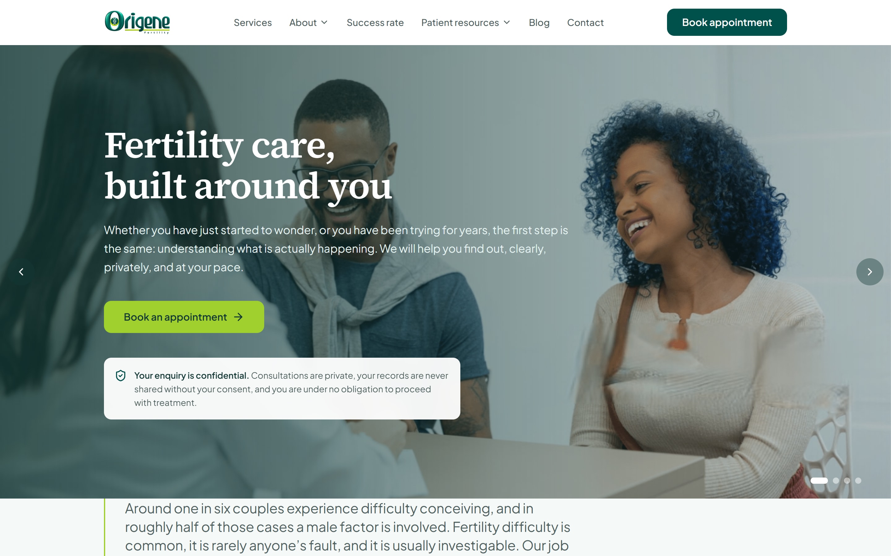 Origene Fertility website home page on a desktop screen