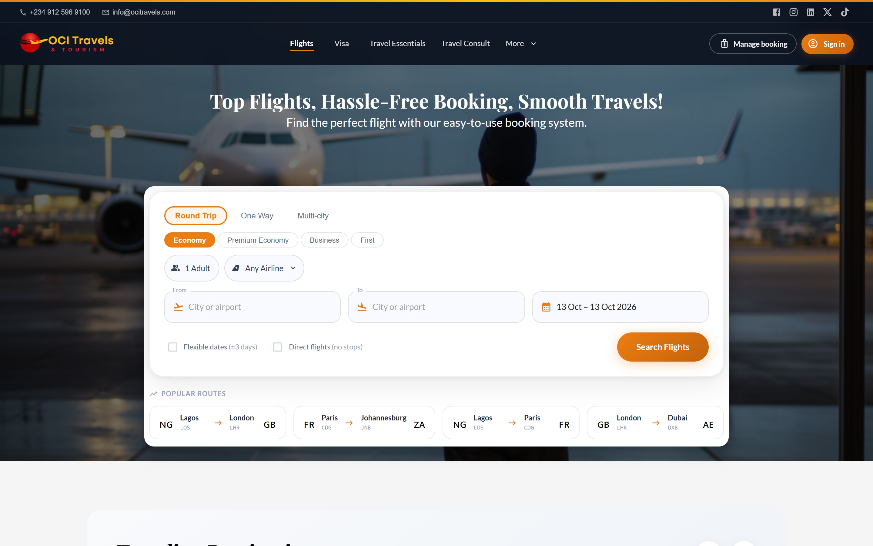 OCI Travels and Tourism website home page on a desktop screen
