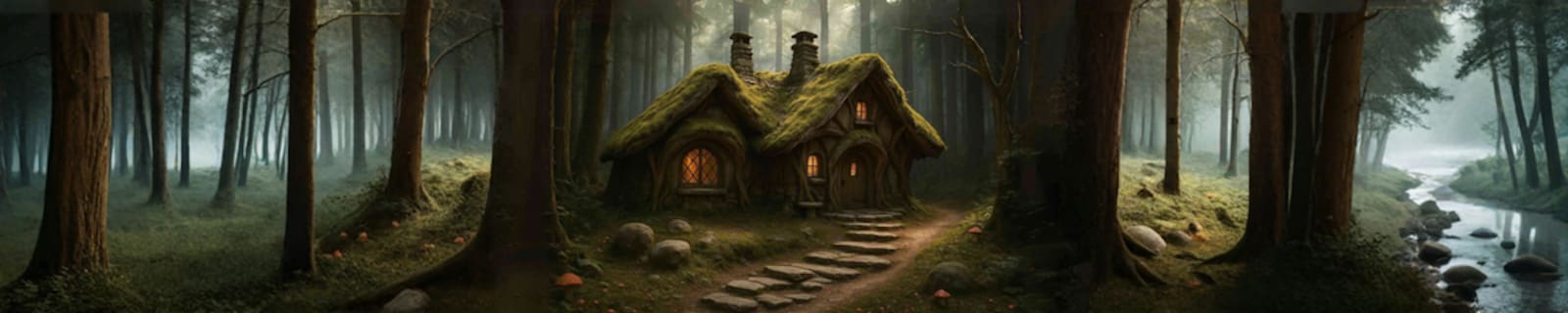 A moss-covered hermit's cottage glowing with warm light, deep in a misty forest with a stone path to its door.