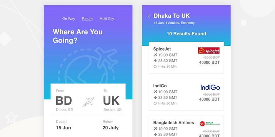 Free Flight Booking App UI in Adobe XD