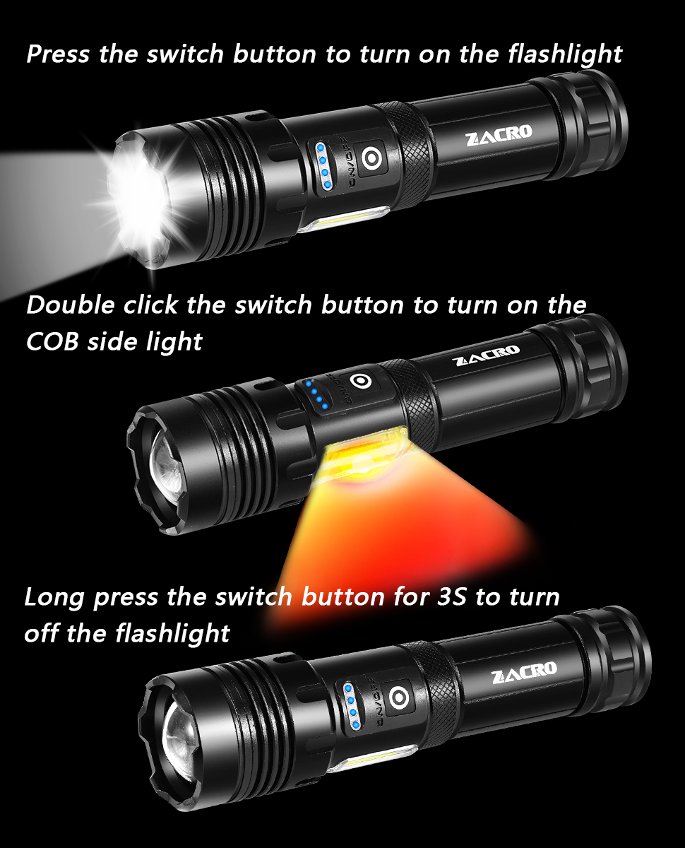 Rechargeable LED Flashlight High Lumens, Zacro 100000 Lumen Super Bright  Flashlight with 7 Modes and COB Sidelight, LED Waterproof Handheld  Flashlight for Emergencies, Camping, Home 